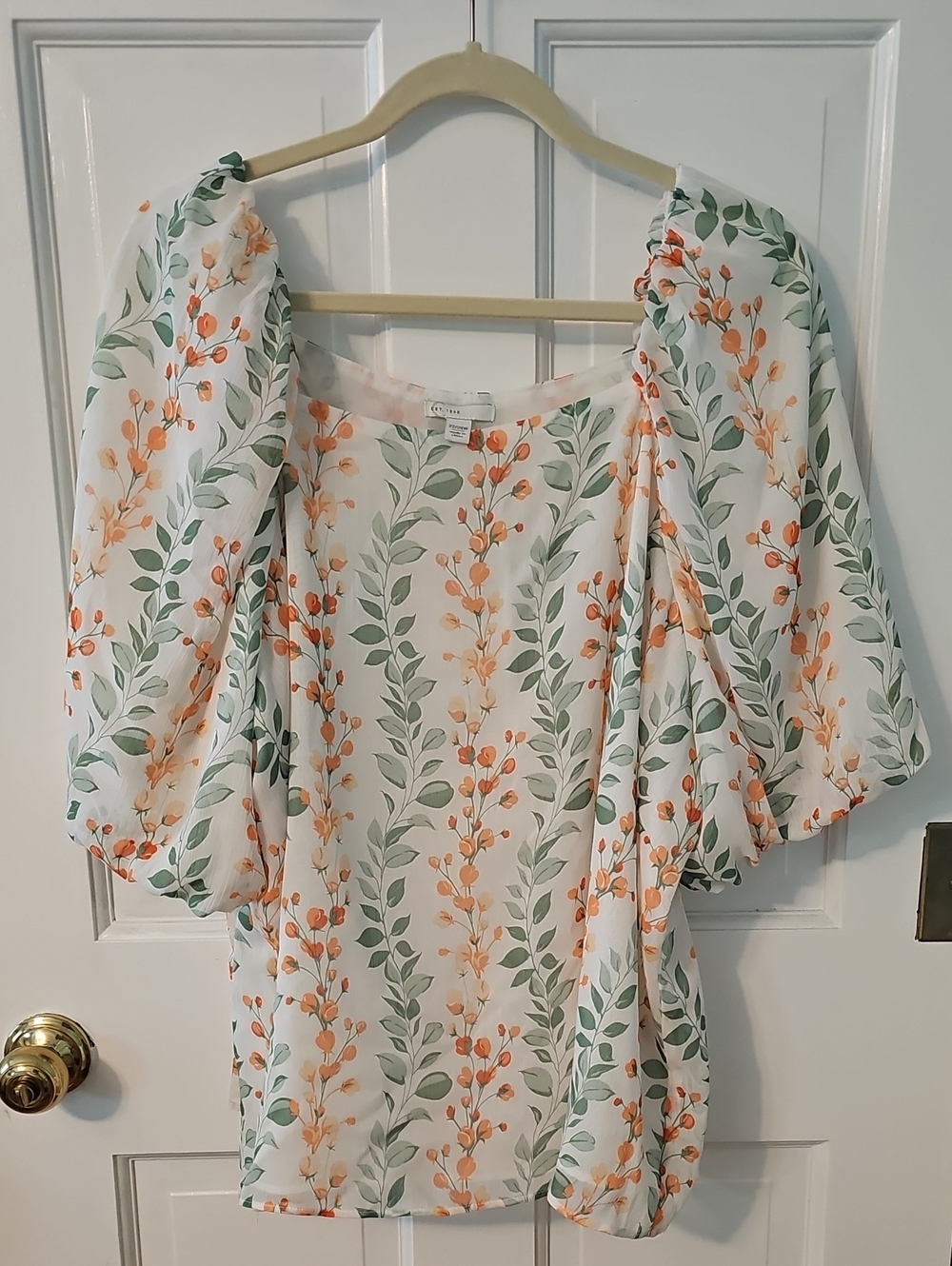 Women's Floral Puff-Sleeve Blouse - White with Orange & Green